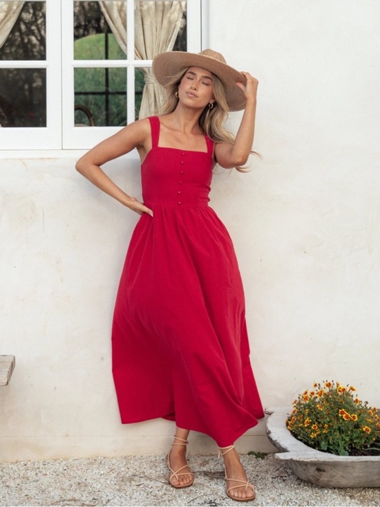 Petal & Pup Dresses & Skirts - Petal & Pup - Red Square Neck Button-Front Maxi Dress Size S